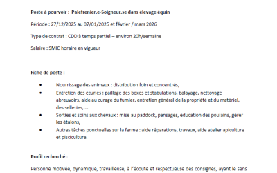 OFFRE D'EMPLOI PALEFRENIER.E - SOIGNEUR.SE